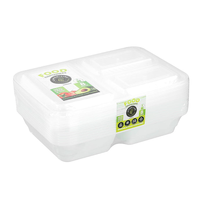 Reusable Food Container 3 Section 1200ml 8pk