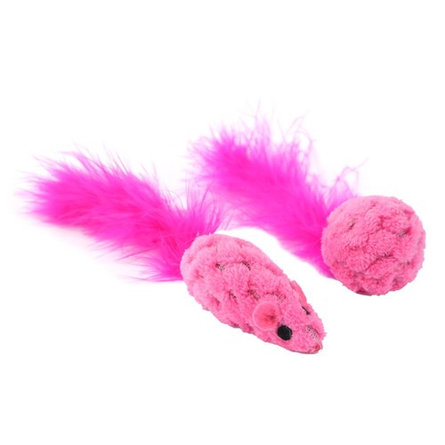 Cat Toy Mouse & Ball with Feather 2pk