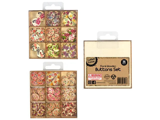 Buttons Wooden Floral 36pk